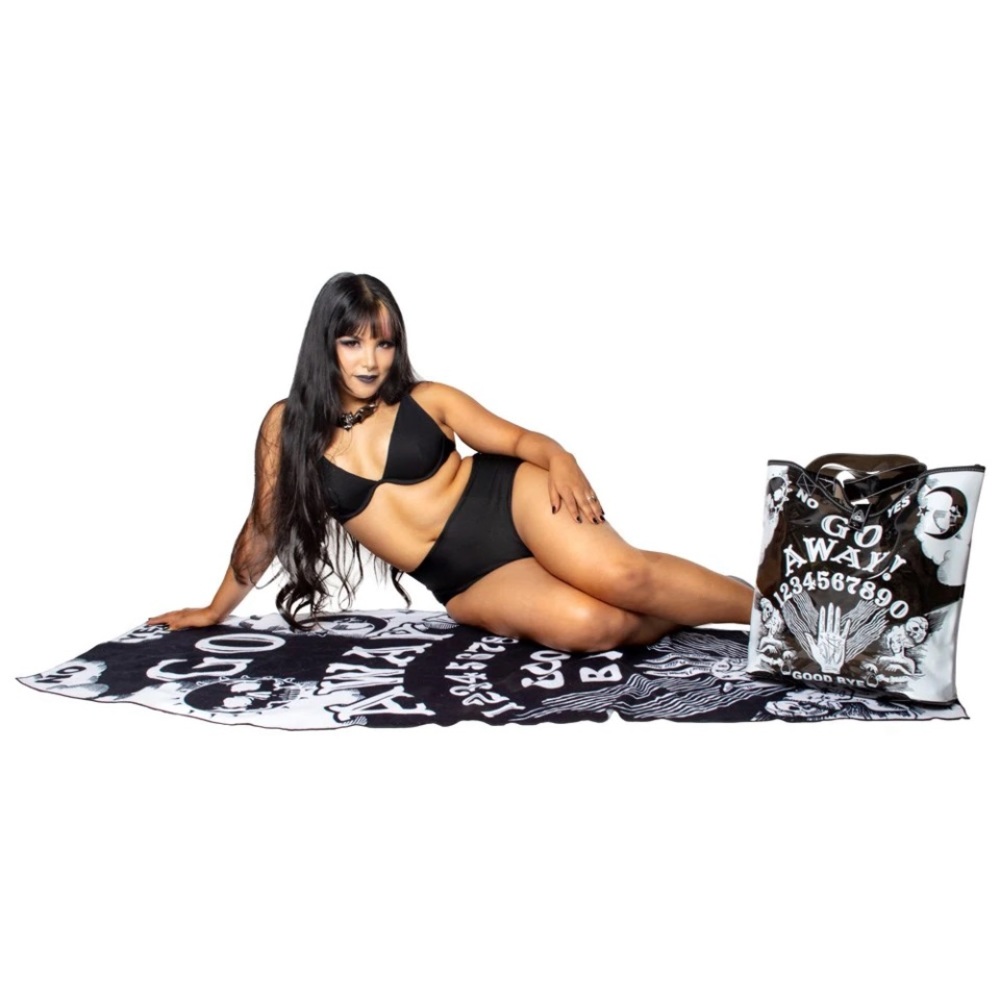 Go Away Ouija Board Coffin Beach Towel White and Black NWT - Picture 3 of 3